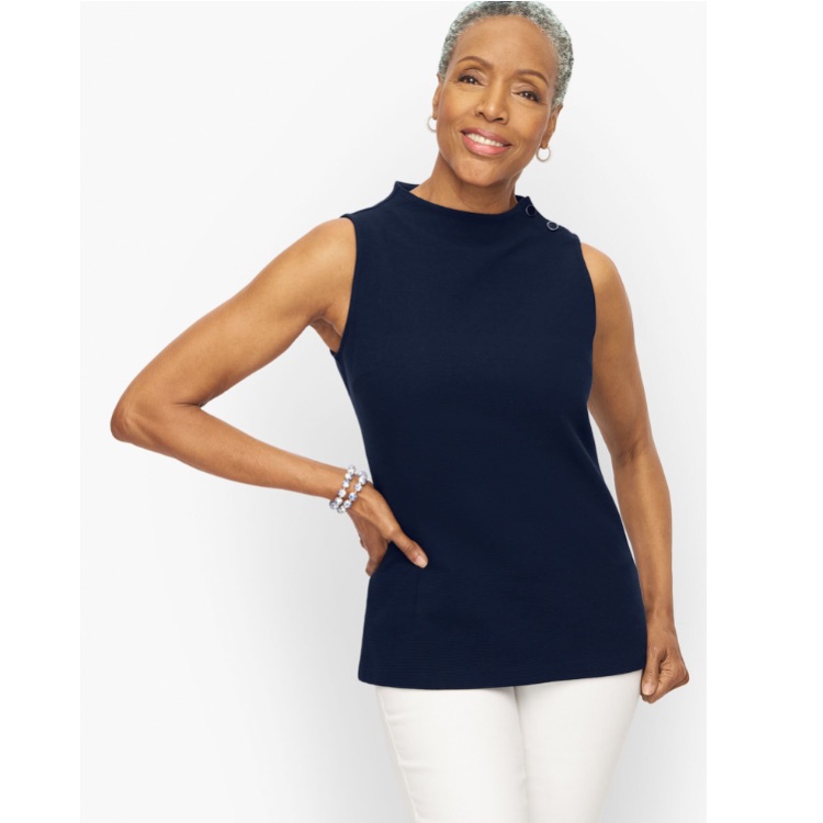 Talbots | High Neck Button Shoulder Shell - Solid Indigo